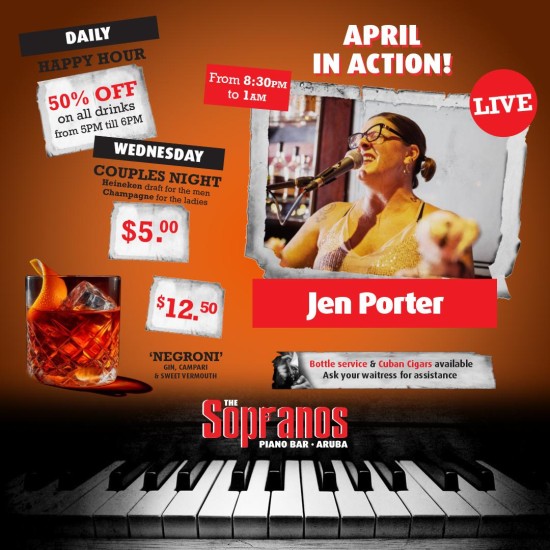 Groove into April with Jen Porter at Sopranos Piano Bar in Aruba!🎹🍹🎶